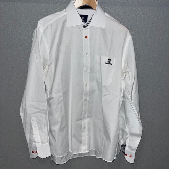 HUSQVARNA Men's Embroidered Spellout Long Sleeve Button Down White Dress Shirt L - Picture 1 of 13